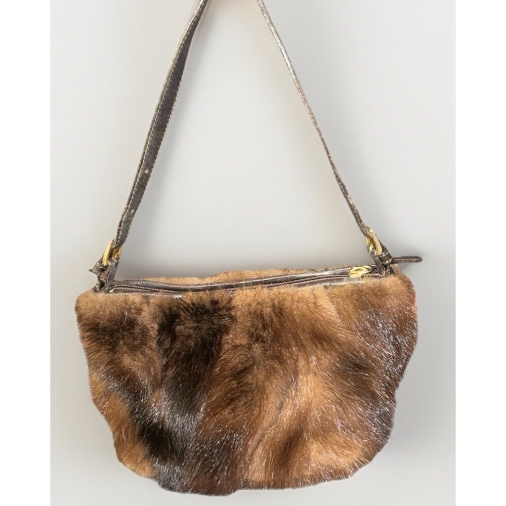 Vtg Italian Mink Fur Shoulder Bag Paola PDL Brown Y2K Mini Handbag Genuine Fur